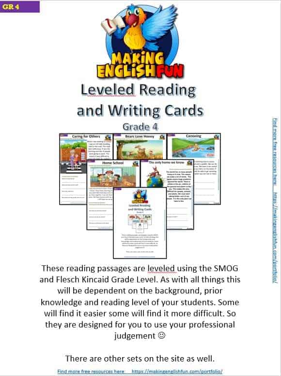 Grade 4 – Reading / Writing Comprehension Cards for KindI,  Primary and ESL Students
