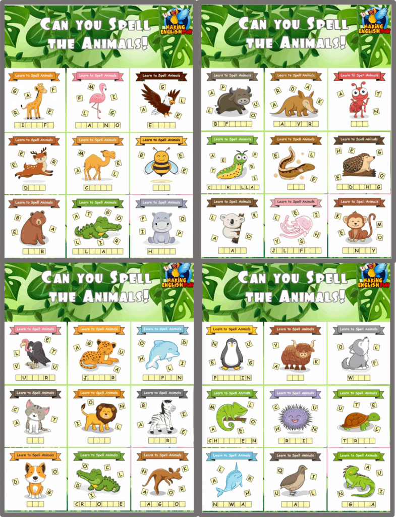 Spell the Animal Worksheets 4 Different versions – FREE Version – Making  English Fun