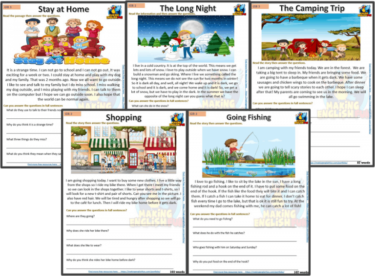 Grade 3 – Reading / Writing Comprehension Cards for Kindi,  Primary and ESL Students – Set 2
