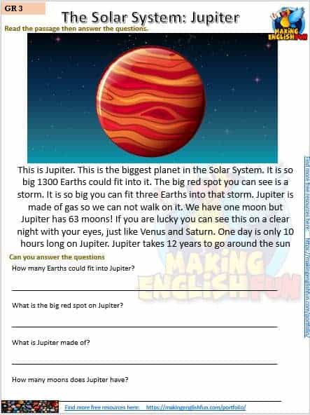 FREE Reading and writing Space worksheets jupiter