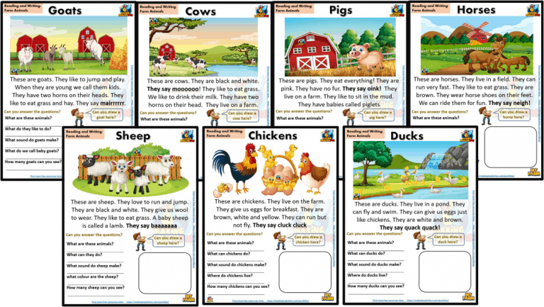 Reading and Writing Comprehension Cards – Farm Animals – Kindergarten and Young Learners