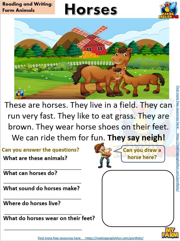 FREE guided Reading Readers and worksheets Farm horses
