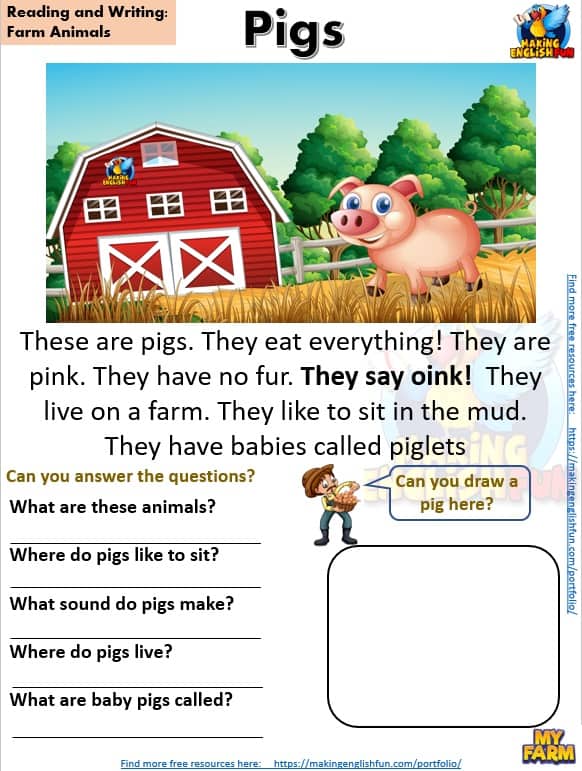 FREE guided Reading Readers and worksheets Farm pigs
