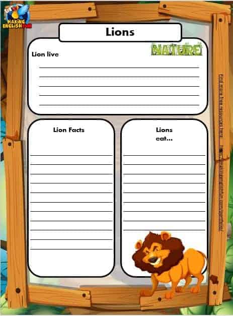 Free Animal Writing Worksheets for ESL lion