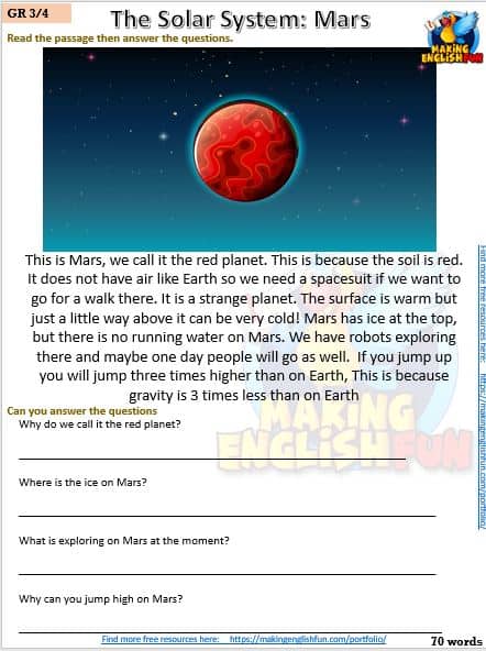 FREE Reading and writing Space worksheets MArs