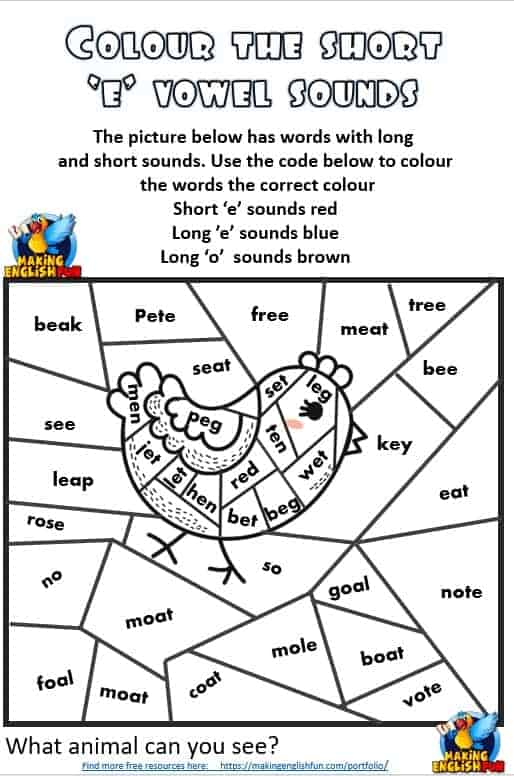 Free Short vowel E Colouring Phonics worksheets