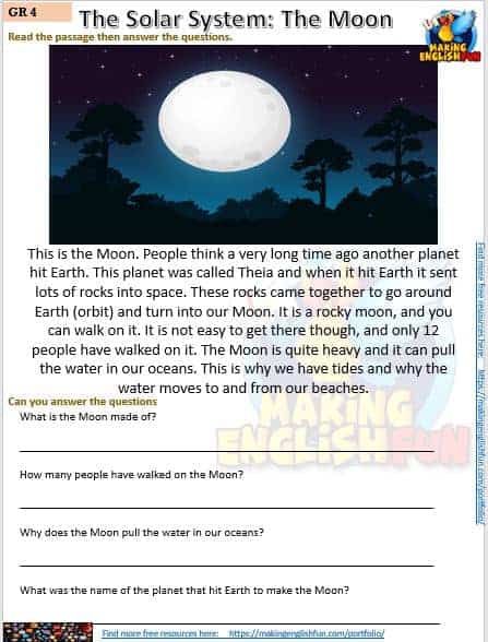 FREE Reading and writing Space worksheets the moon