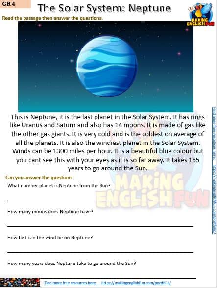 FREE Reading and writing Space worksheets Neptune