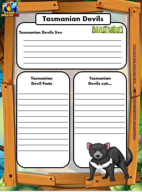 Free Animal Writing Worksheets for ESL tasmainian devil