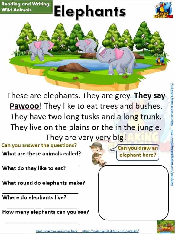 FREE guided Reading Readers and worksheets Elephants