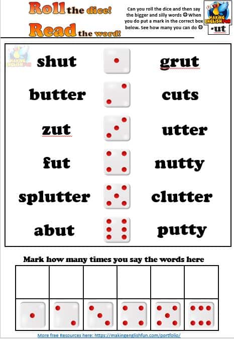 Short vowel U roll and read phonic dice worksheet
