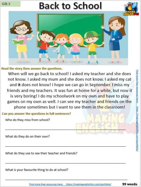 GRADE 3 – READING COMPREHENSION CARDS FOR KINDI, PRIMARY AND ESL ...