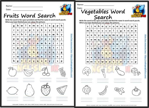 Free Food (Fruit and Vegetables) Colouring Word Search.