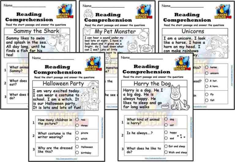Free Kindergarten Reading Comprehension Cards and Colouring Worksheets