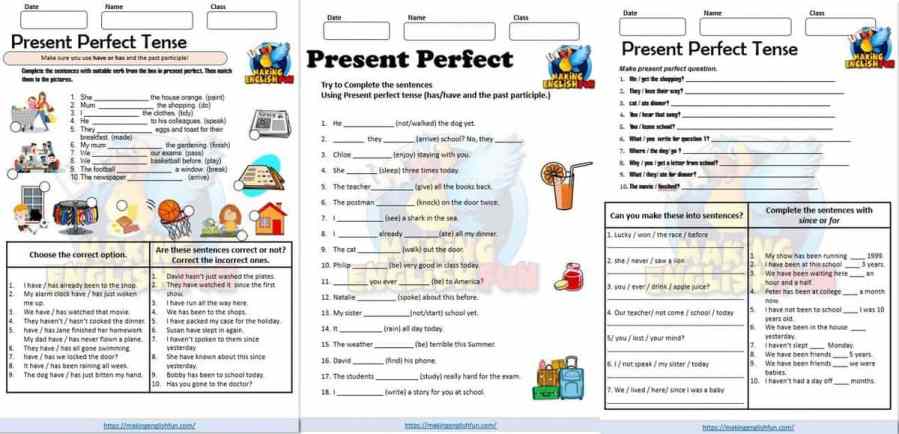 Present Perfect tense Worksheets