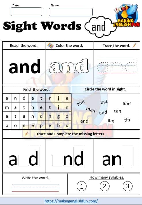 Sight word worksheet and