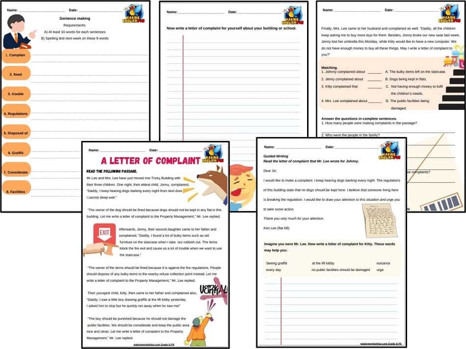Grade 5 Writing worksheet complaint letter