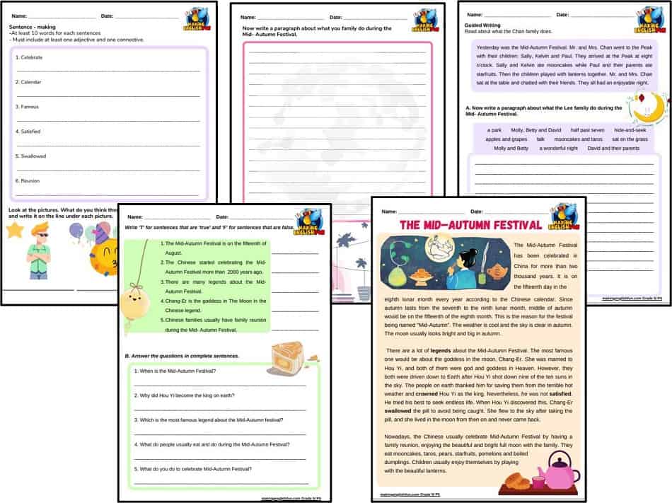 mid autumn festival reading and writing worksheet