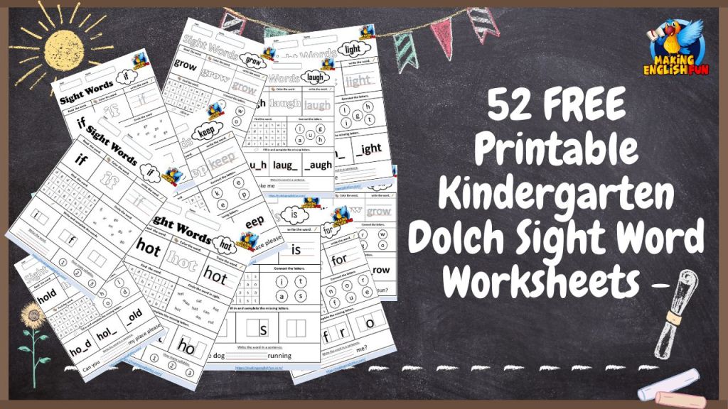 52 FREE Printable Kindergarten Dolch Sight Word Worksheets -