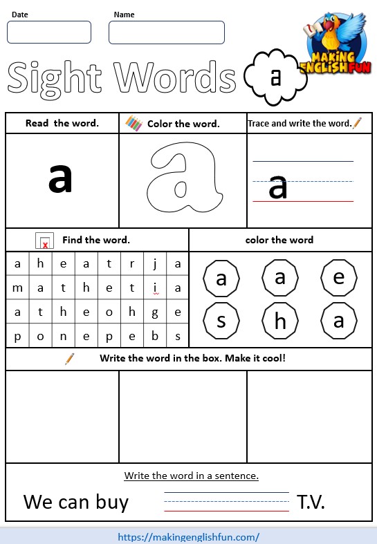 FREE Dolch Sight Word Worksheets – ‘a’