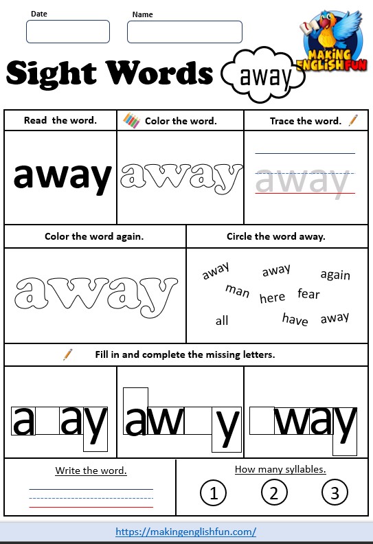 FREE Sight Word / Dolch Worksheets – ‘away’
