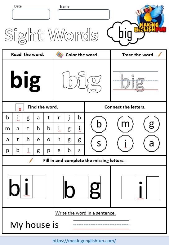 FREE Pre-K Dolch Sight Word Worksheets – ‘big’