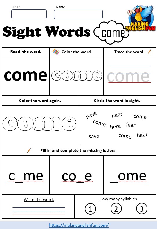 FREE Pre – K Dolch Sight Word Worksheets – ‘come’