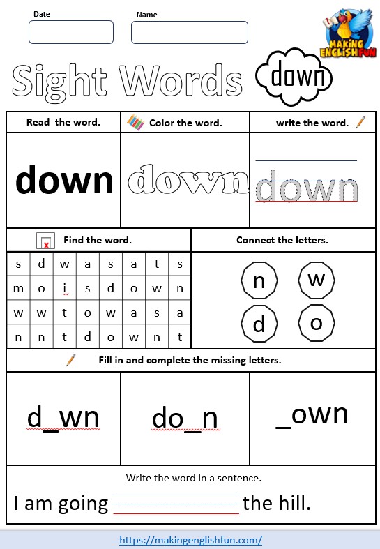 FREE Pre – K Dolch Sight Word Worksheets – ‘down’
