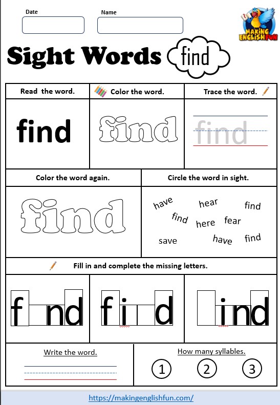 FREE Pre – K Dolch Sight Word Worksheets – ‘find’