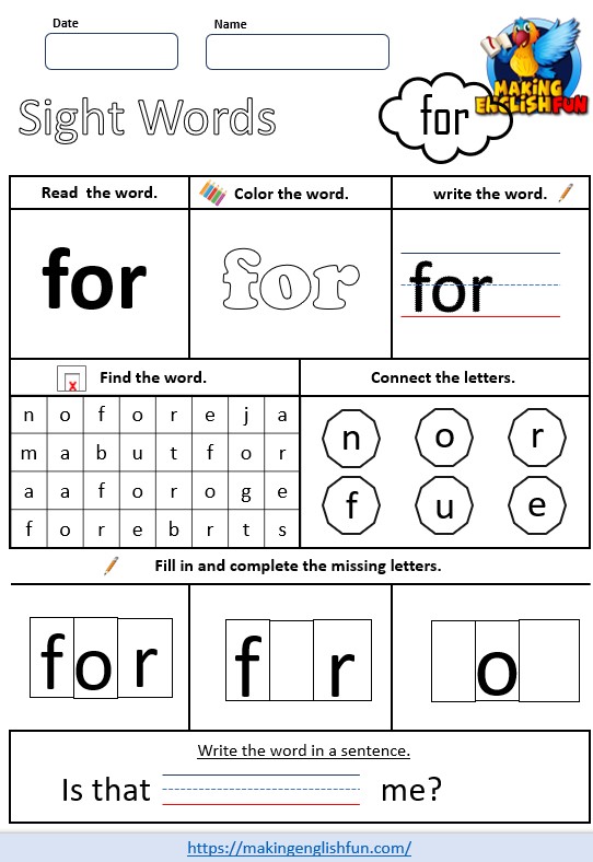 FREE Pre – K Dolch Sight Word Worksheets – ‘for’