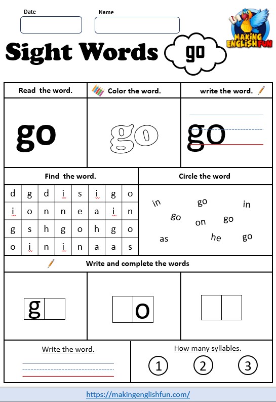 FREE Pre – K Dolch Sight Word Worksheets – ‘go’