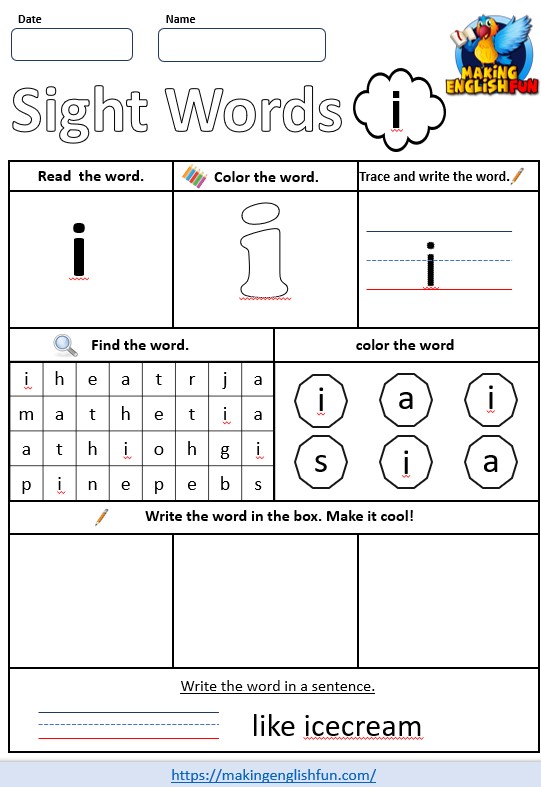 FREE Pre – K Dolch Sight Word Worksheets – ‘i’