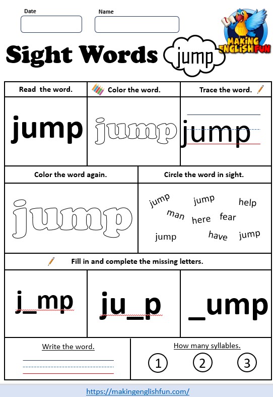 FREE Pre – K Dolch Sight Word Worksheets – ‘jump’
