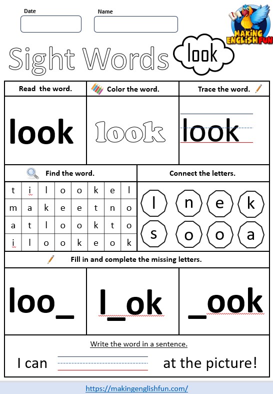 FREE Pre – K Dolch Sight Word Worksheets – ‘look’
