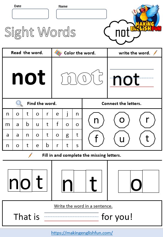 FREE Pre – K Dolch Sight Word Worksheets – ‘not’