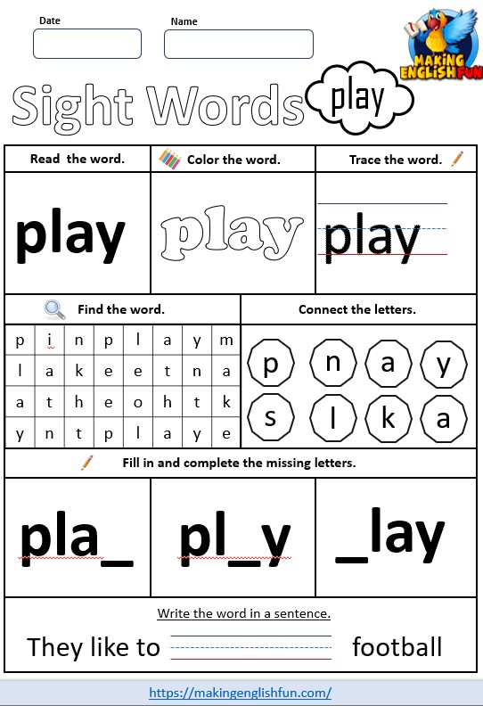 FREE Pre – K Dolch Sight Word Worksheets – ‘play’