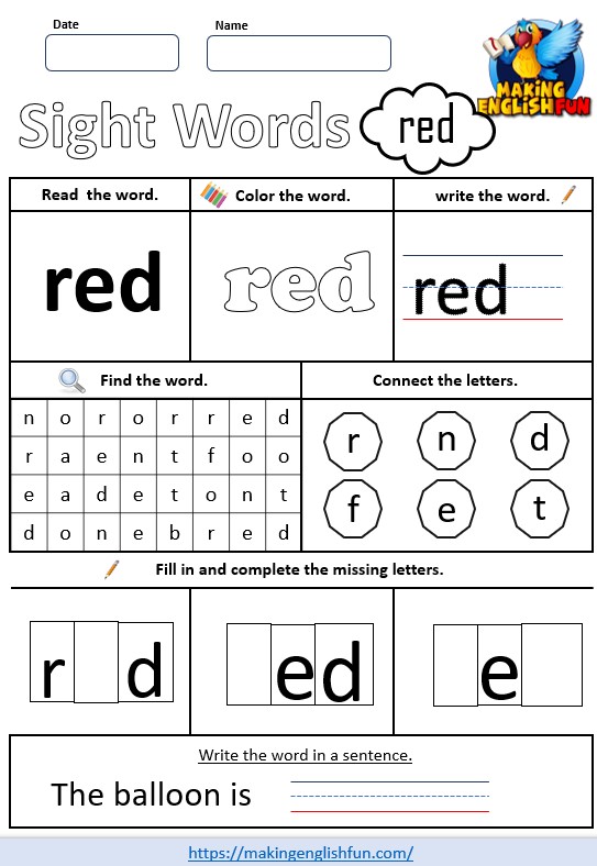 FREE Pre – K Dolch Sight Word Worksheets – ‘red’