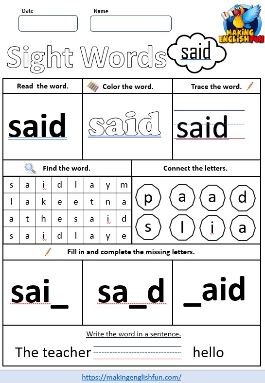 FREE Pre – K Dolch Sight Word Worksheets – ‘said’