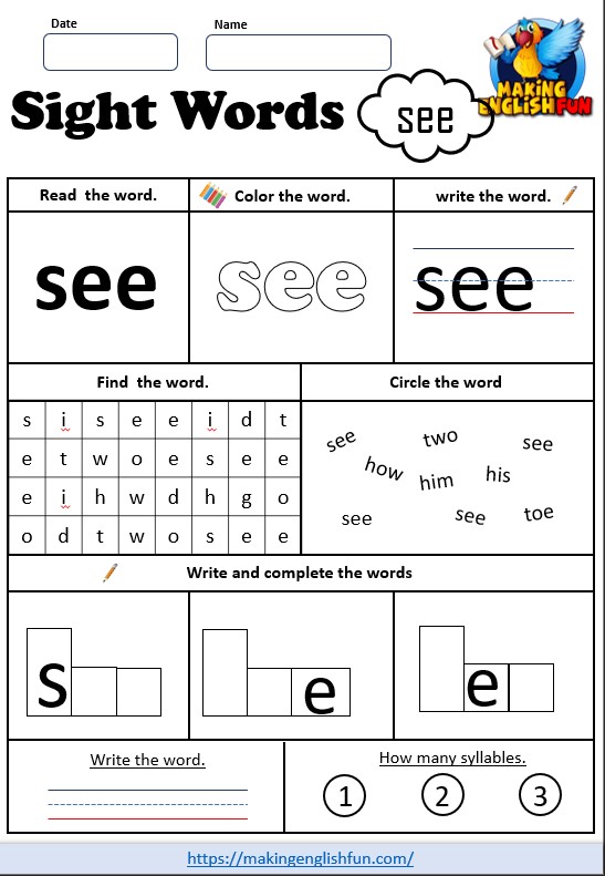FREE Pre – K Dolch Sight Word Worksheets – ‘see’