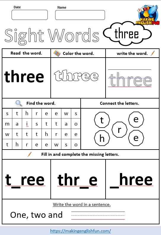 FREE Pre – K Dolch Sight Word Worksheets – ‘three’