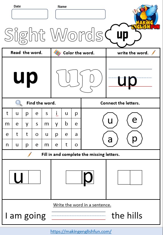 FREE Pre – K Dolch Sight Word Worksheets – ‘up’