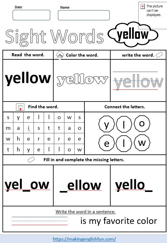 FREE Pre – K Dolch Sight Word Worksheets – ‘yellow’