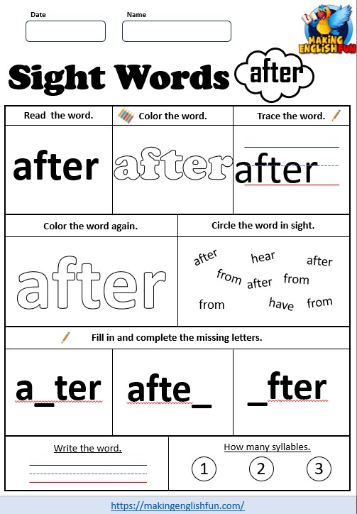 FREE Printable Grade 1 Dolch Sight Word Worksheet – “After”