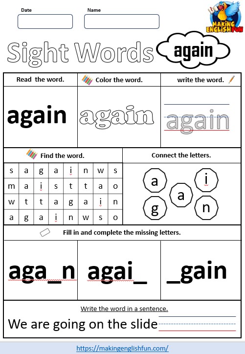 FREE Printable Grade 1 Dolch Sight Word Worksheet – “Again”