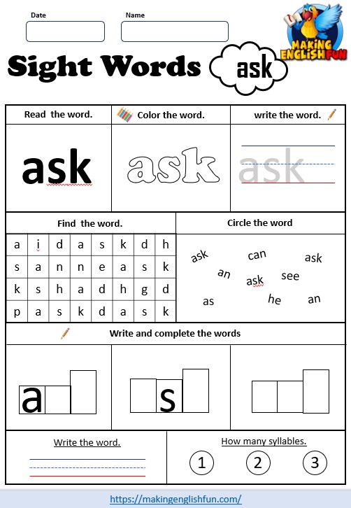 FREE Printable Grade 1 Sight Word Worksheet – “Ask”