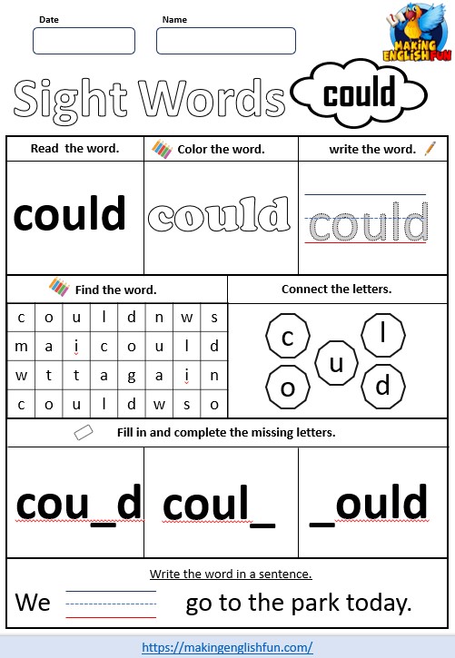 FREE Printable Grade 1 Sight Word Worksheet – “Could”