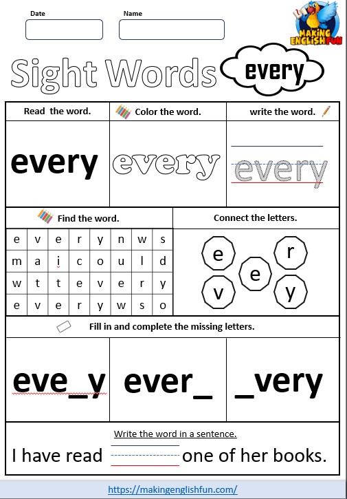 FREE Printable Grade 1 Sight Word Worksheet – “Every”