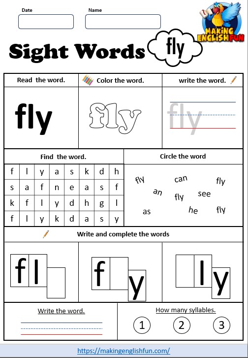 FREE Printable Grade 1 Sight Word Worksheet – “Fly”