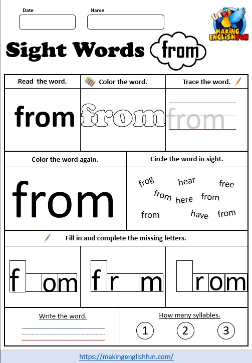 FREE Printable Grade 1 Dolch Sight Word Worksheet – “From”Making ...