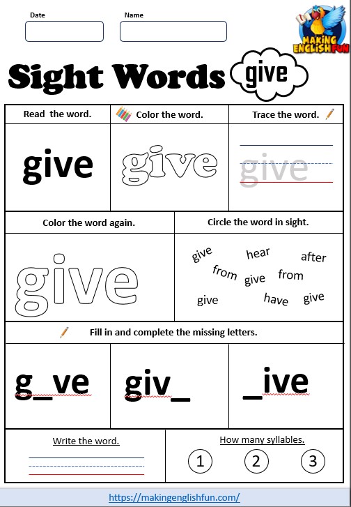 FREE Printable Grade 1 Dolch Sight Word Worksheet – “Give”
